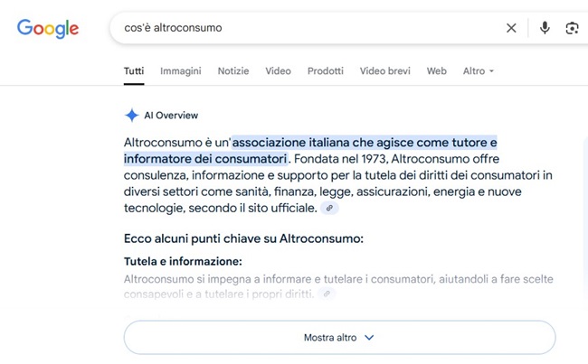 Screenshot Google AI ricerca Altroconsumo